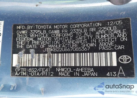 2006 Toyota Prius из США, поврежденный, VIN JTDKB22U667065367